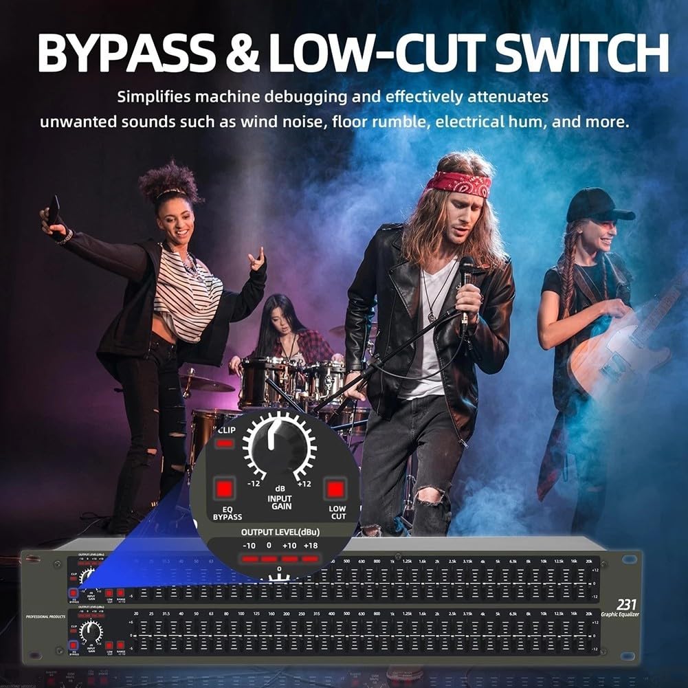 Equalizzatore grafico a 31 bande per audio domestico e applicazioni DJ professionali, doppio canale, regolazione ± 12 dB per band, interruttore low-cut, connettori XLR e TRS, 480 mm