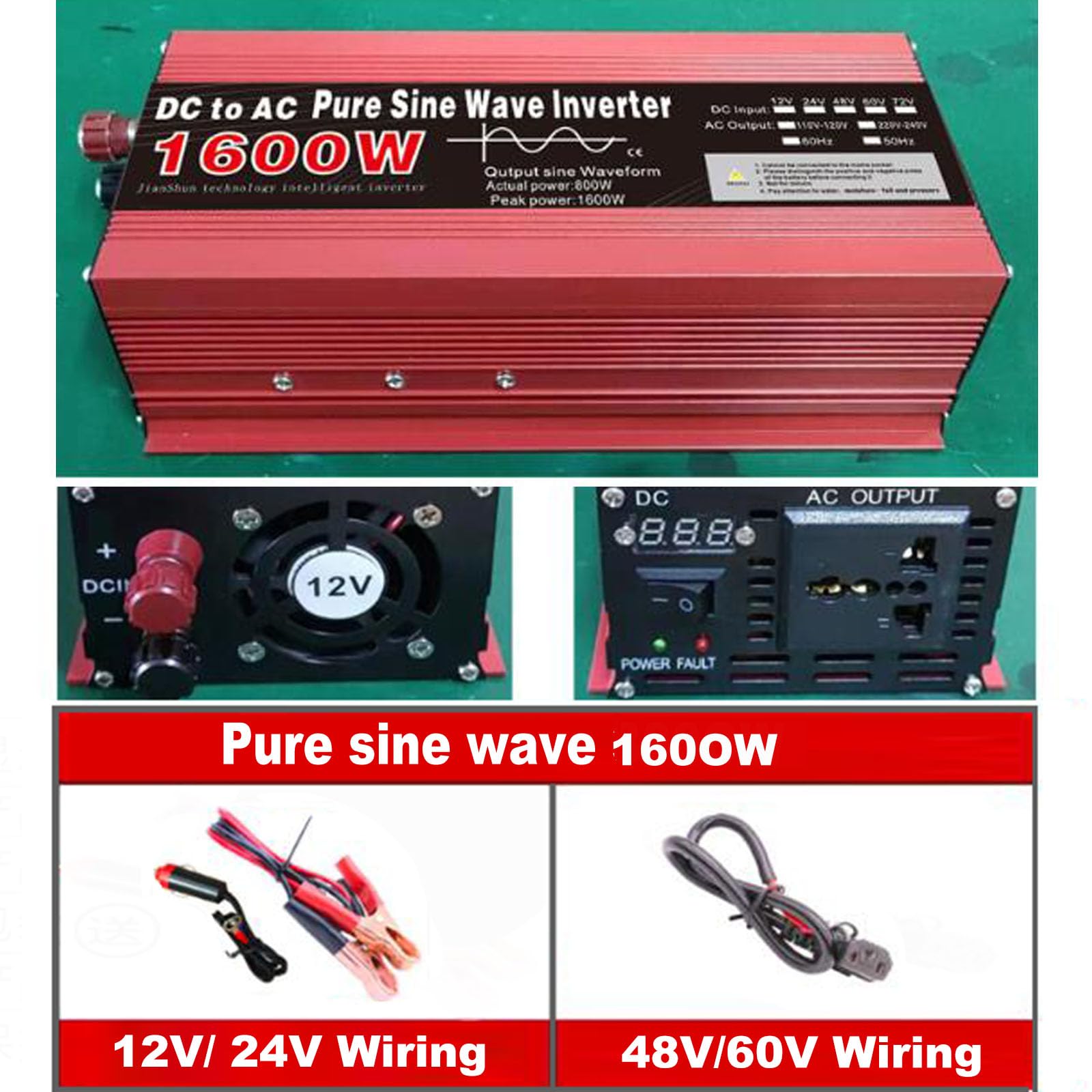 Przetwornica czystej fali sinusoidalnej 1600 W DC 12 V/24 V/48 V/60 V na AC 110 V/220 V konwerter zasilania falownik solarny cyfrowym wyświetlaczem do domowego kempingu