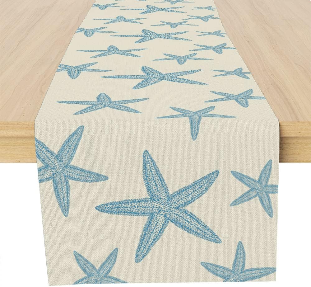 Blue Starfish Table Runner,Nautical Beach Table Runner Decor for Dinning Room Kitchen Summer Ocean Sea Decorations for Holiday Party, Housewarming Gifts for Women Friends Couple, 13X72Inches