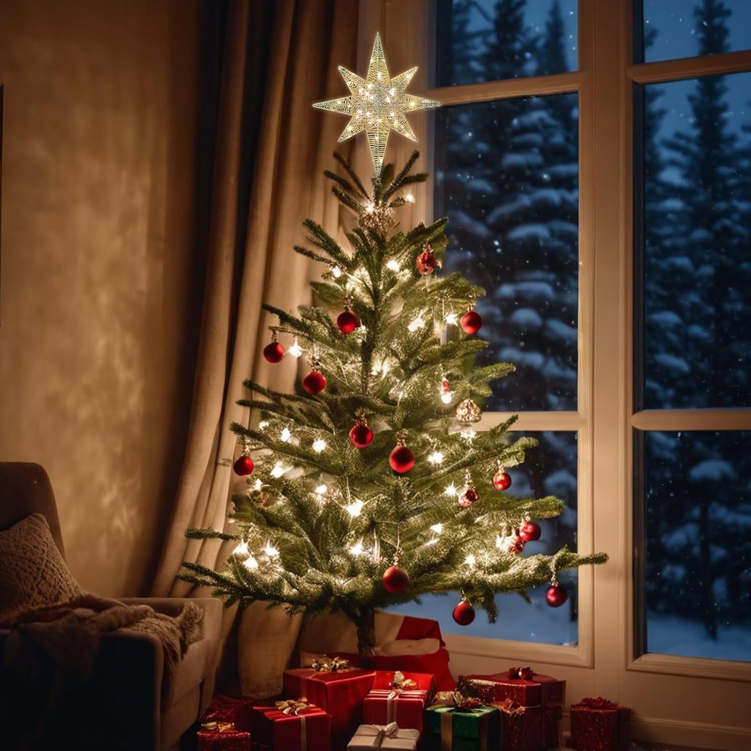 LAMPHOME Christmas Star Tree Topper, Lighted 14.5” Gold Star Tree Toppers with 100 LED Lights Christmas Tree Top Ornament for New Year Holiday Home Office Indoor Decorations - Image 6