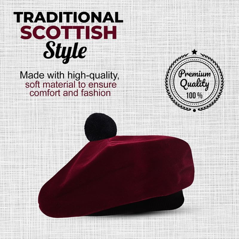 Image of Scottish Tam O' Shanter Hat Tartan Bonnet Pom Pom Wool Flat Cap One Size
