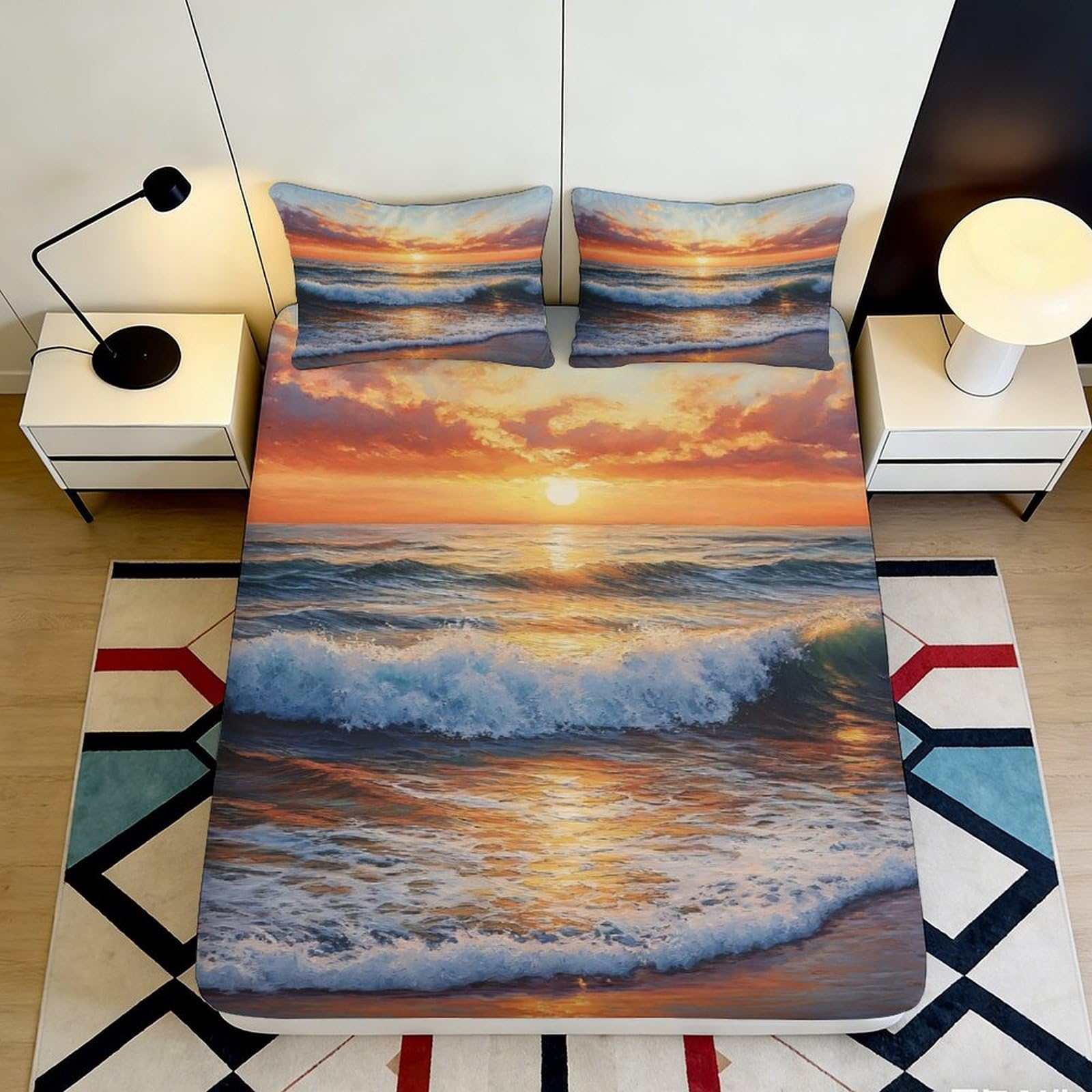 3D Printed Sunset Beach Fitted Sheet Microfiber Soft Breathable Ocean Wave Mattress Cover Bedroom Decor 90x200x25cm