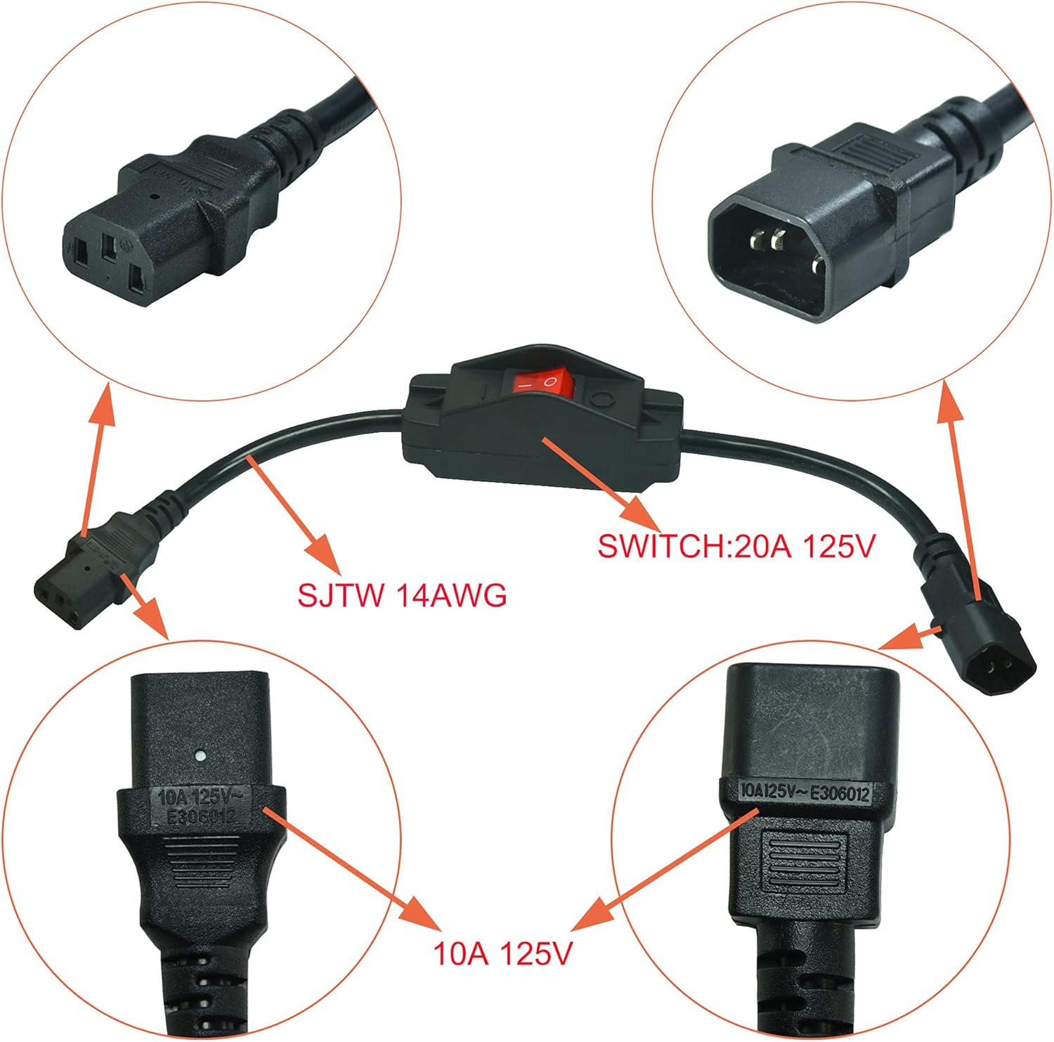 IEC 320 C14 to C13 Heavy Duty Short Power Cord with On-Off Switch,Standard Computer Power Extension Cord, 3Pin Male -Female Extension Cord with Inline Cord Switch, 42CM, Black