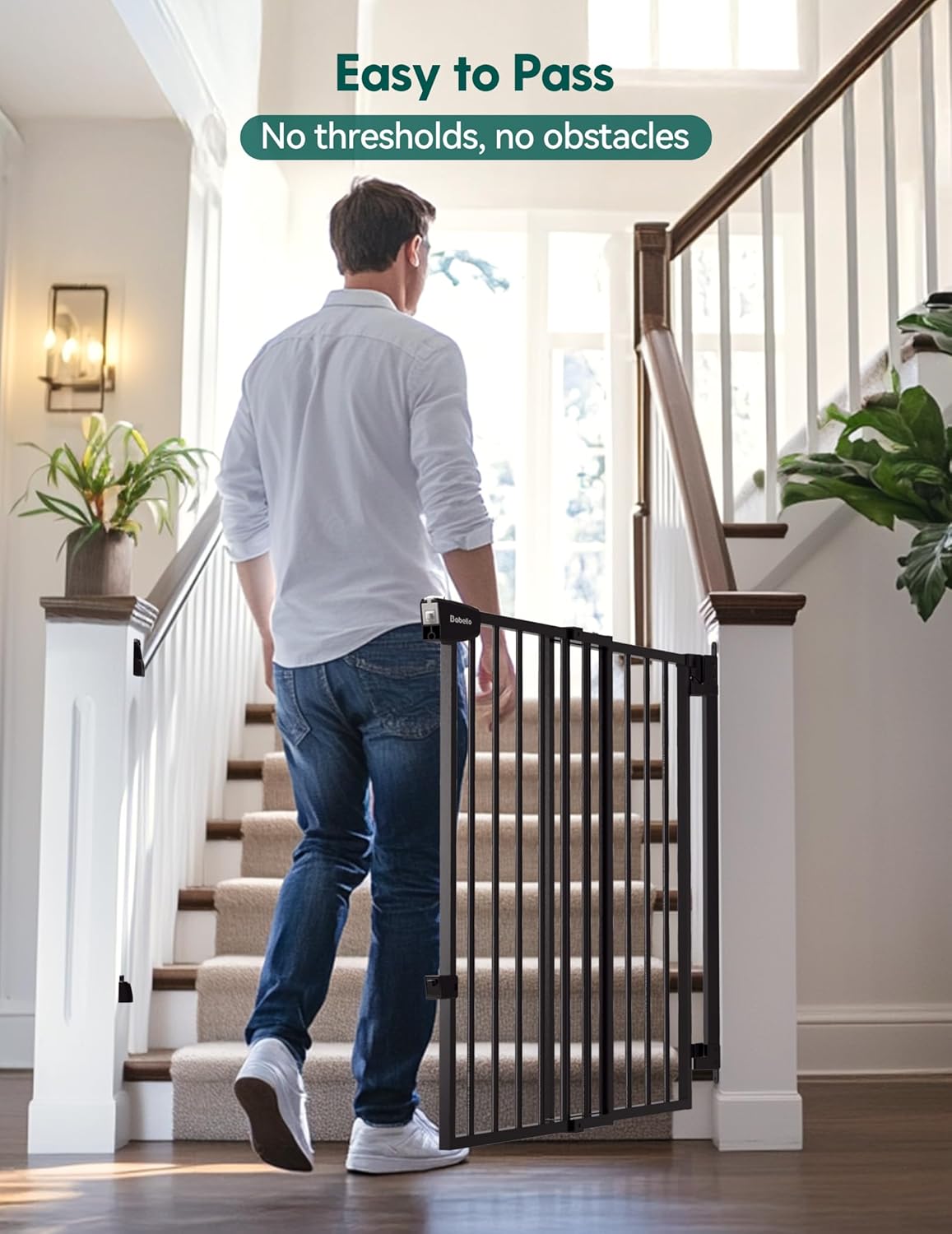 Babelio 29.7-46.5 No Bottom Bar Baby/Dog Gate for Stairs, House and Doorways, Auto Close Safety Pet Gates with Large Walk Thru Door, Hardware Mount, Black