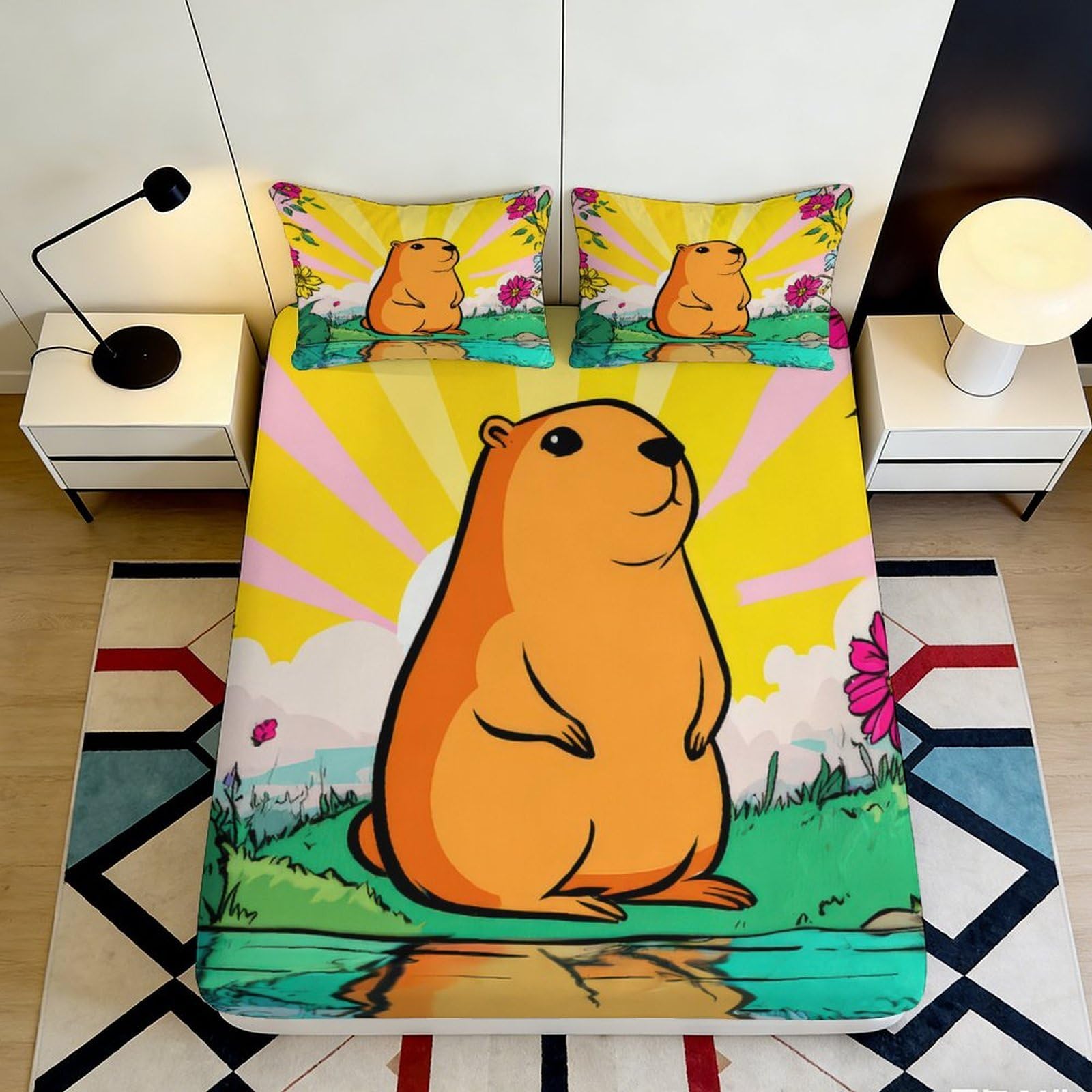 3D Printed Cartoon Groundhog Fitted Sheet Microfiber Colourful Sunshine Animal Bed Cover for Bedroom Guest Room Decor 90x200x25cm