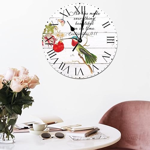Miniatura 55 de ArogGeld He Made Everything Beautiful - Reloj de pared de PVC con flores rosadas, colibrí, reloj de pared grande con cita y números romanos, reloj