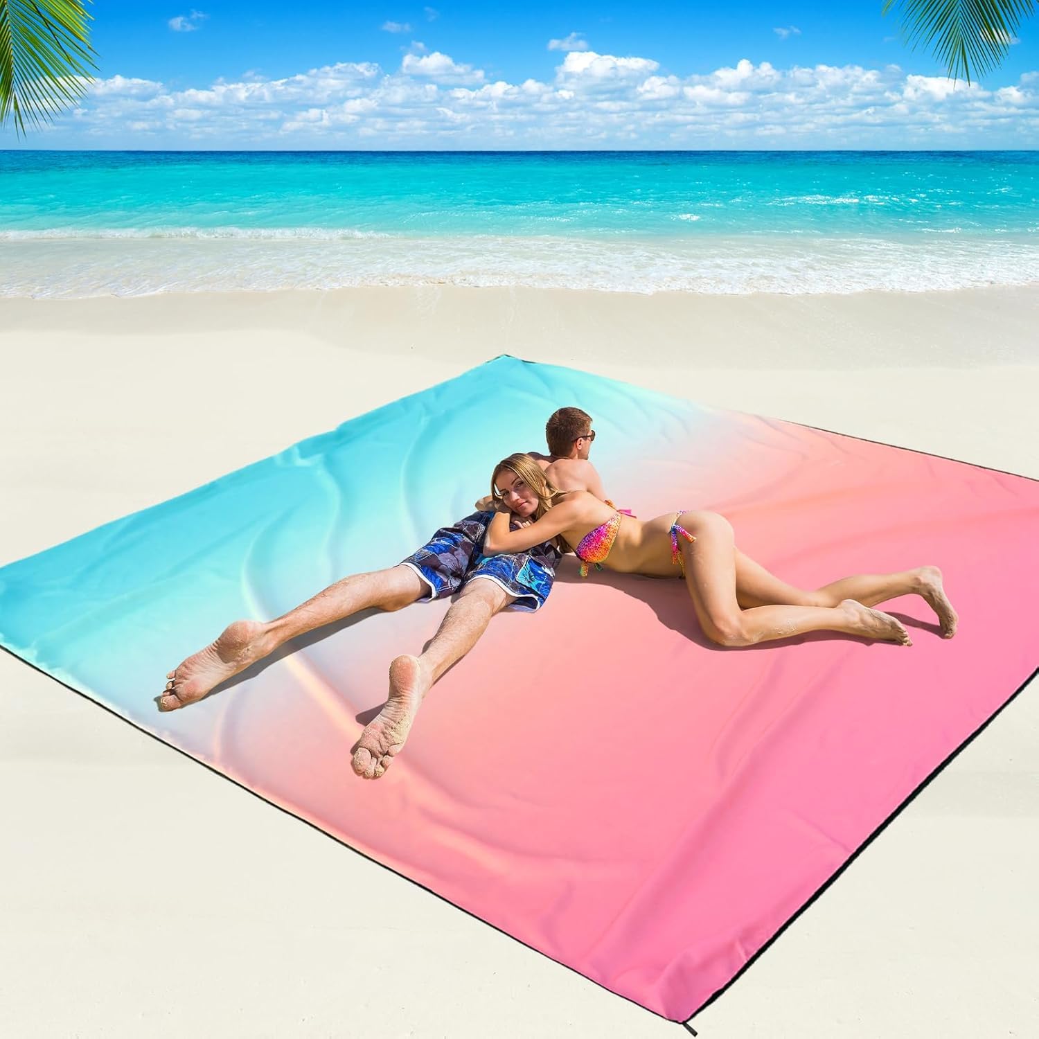 OUGEP Beach Blanket Sandproof, Large Picnic Blanket Waterproof 200 x 230cm for 4-8 Adults,Beach Mat Sand Free Waterproof for Camping, Hiking,Beach,Picnic (Gradual Pink Blue, 300 x 280cm)