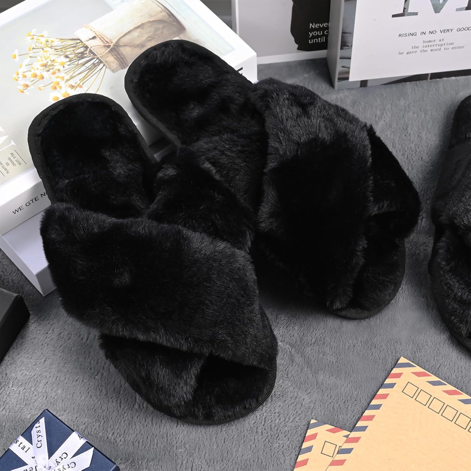 VAIPI 6 Pairs Womens Cross Band Slippers Fuzzy Plush House Bridesmaid Slipper White | Black | Pink Open Toe Fluffy Slipper Soft Warm Bridal Slippers - Image 2