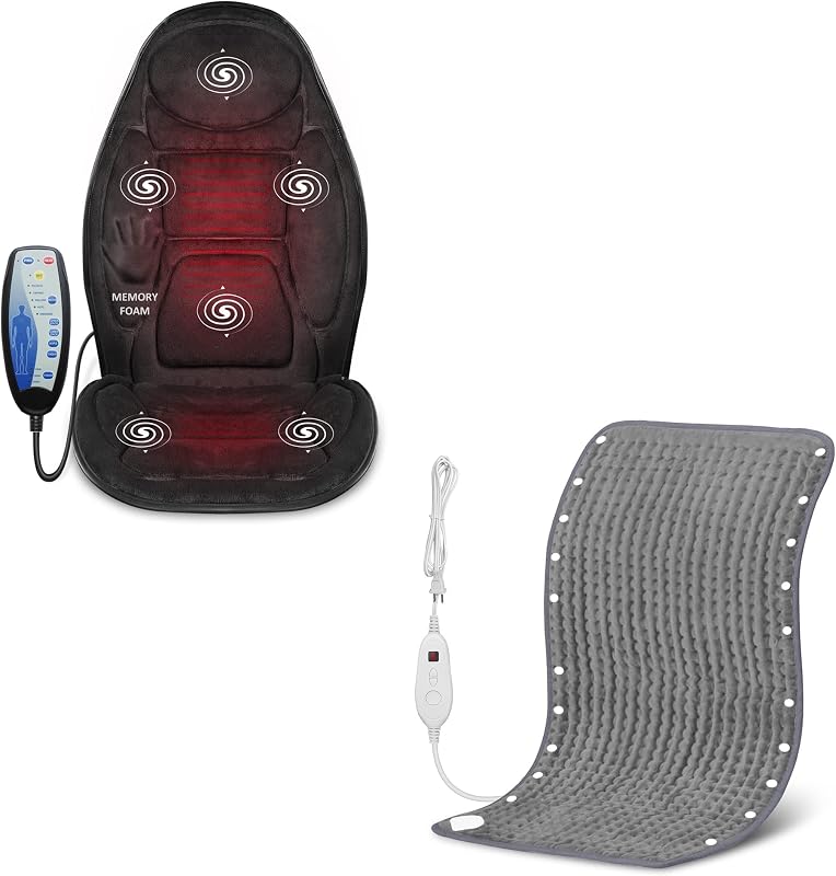 Snailax Cojín de asiento de masaje de espuma viscoelástica, calentador de pies y almohadilla térmica | Masajeador de espalda con calor, 6 nodos de masaje por vibración y 2 niveles de calor, almohadilla para silla de masaje para silla de oficina en casa