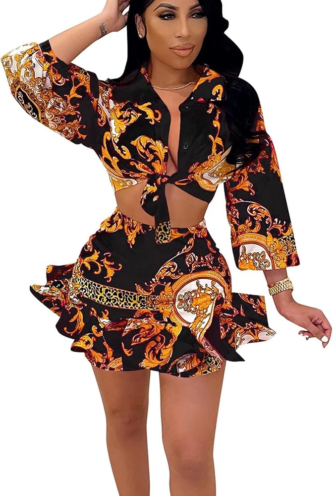 Amazon.com: Two Piece Skirt Set Long Sleeve Button Down Shirt Crop Top  Skater Skirt Suit African Print Mini Dress Clubwear Black S : Clothing,  Shoes u0026 Jewelry