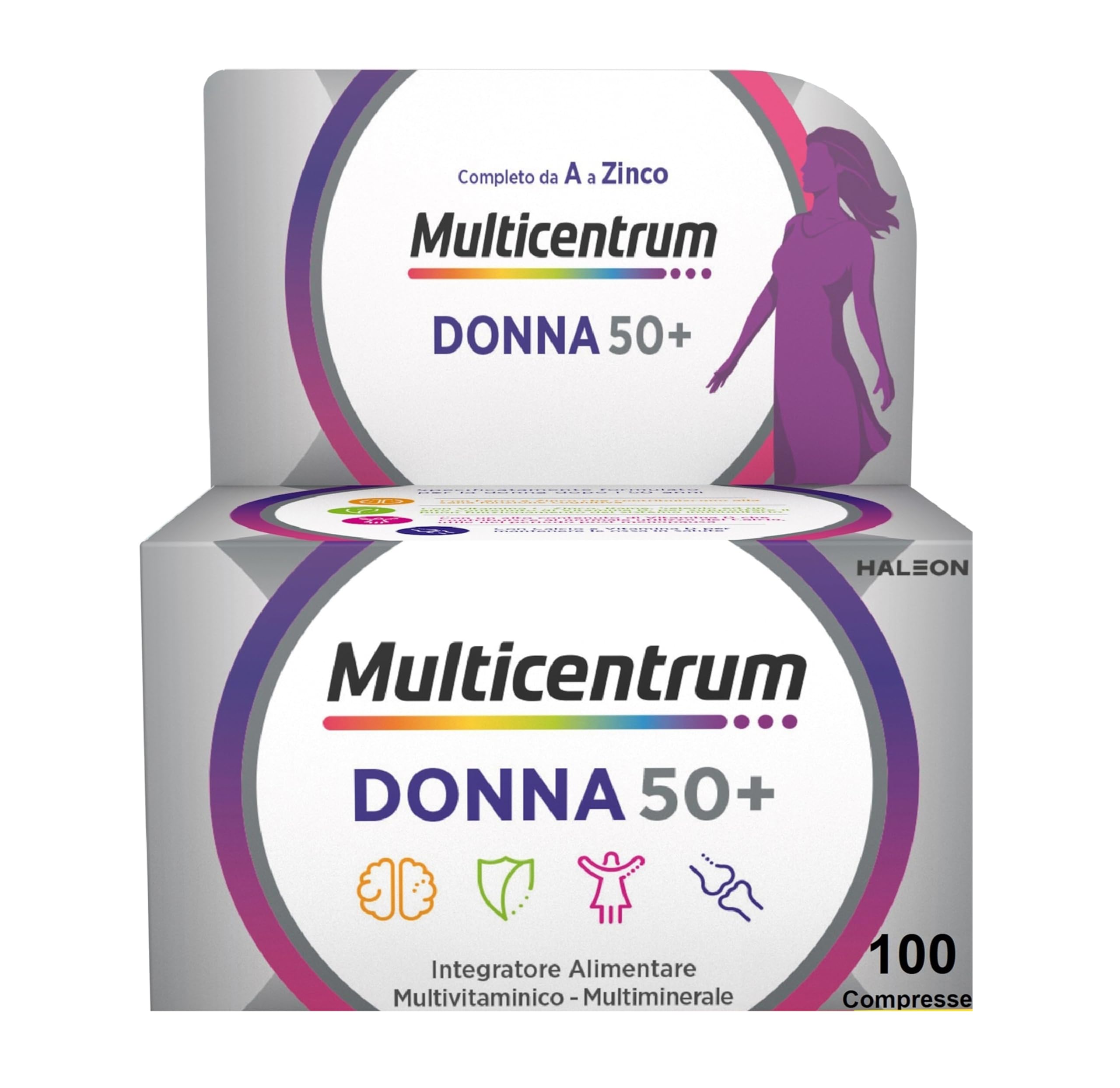 Multicentrum Donna 50+ Integratore Multivitaminico completo, con Magnesio, Vitamina A, D, B12, Calcio, per combattere stanchezza e affaticamento per Donne oltre 50 anni, 100 Compresse