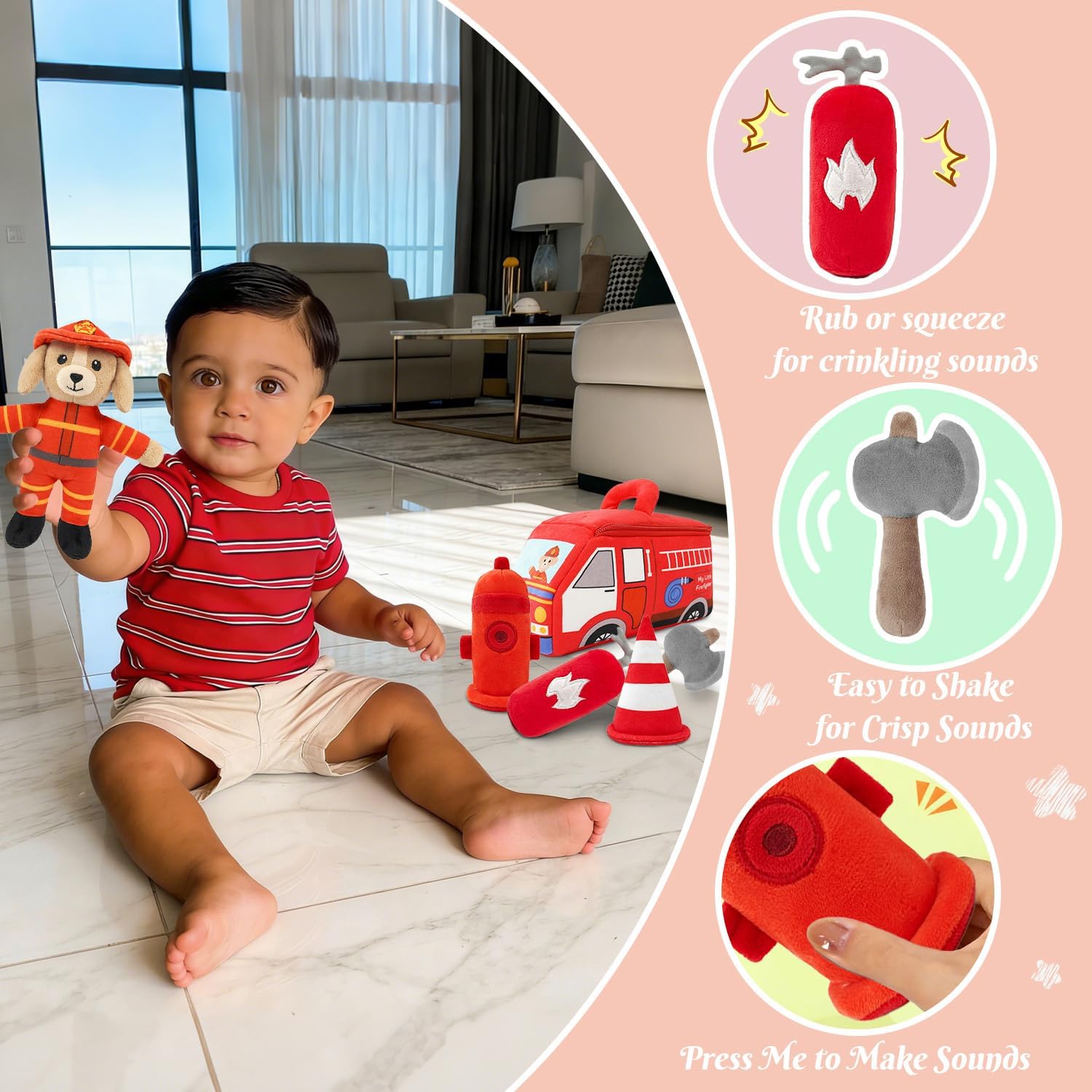 My Little Firefighter Puppy Plush Toy Set Sensory Toys for Babies 0-6-12 Kids Plush Fireman Montessori Sensory Role Play Toy for Infants and Toddlers Early Learning Boy Pretend Play Gift