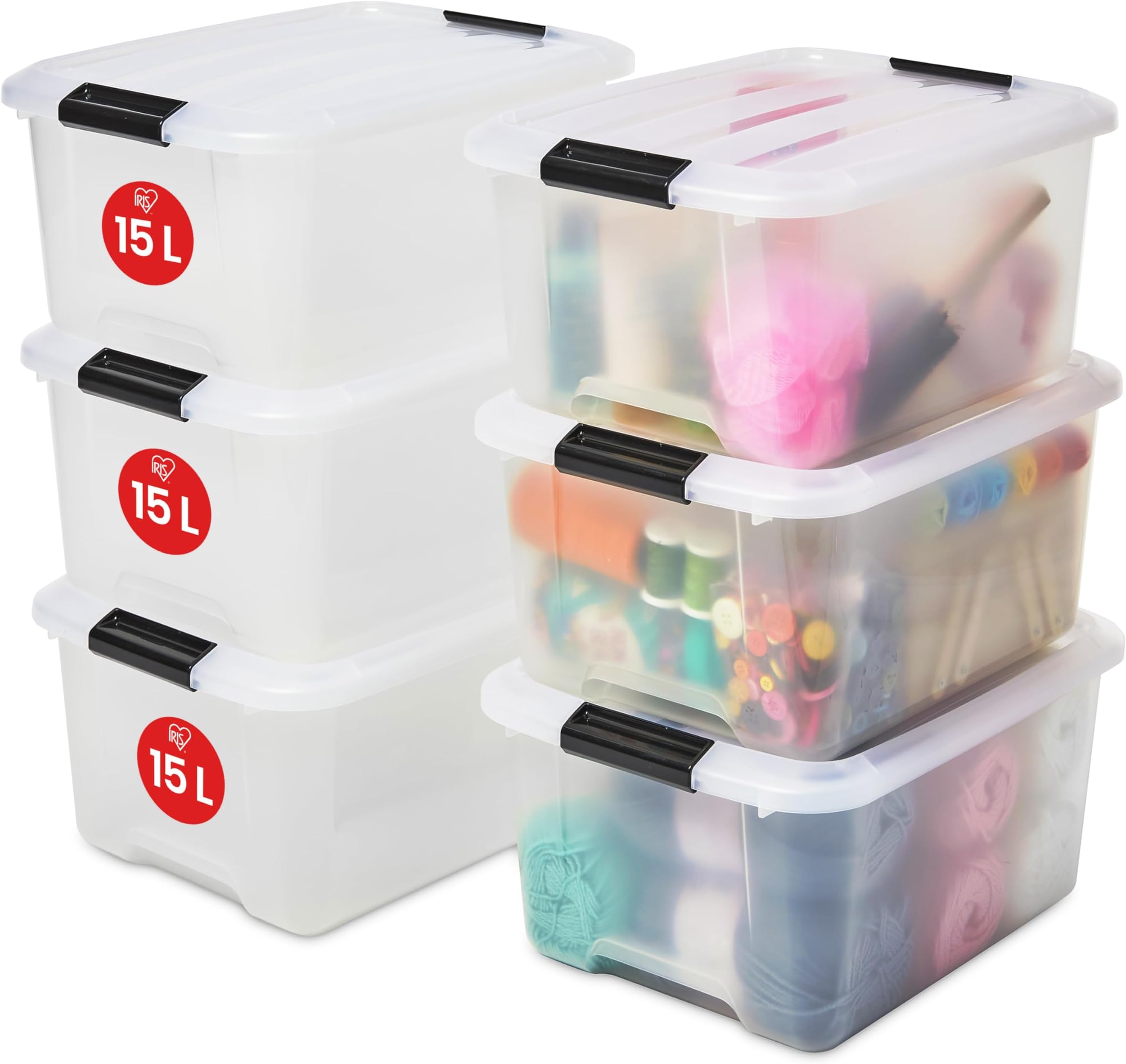 Iris Ohyama, Set of 6, Storage boxes, 15 L, with snap closure, stackable, living room, bedroom, garage - Top Box TB-15 - Transparent
