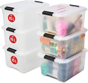 Iris Ohyama Plastic Storage Boxes with Lids, 15L, Set of 6, Transparent