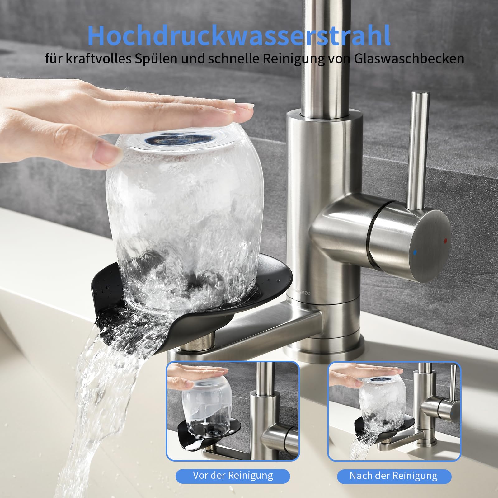 Küchenarmatur LakeBayMZC mit Glasspüler Ausziehbar Dual-Auslauf 360°-Drehung, Wasserhahn Armatur Küche Spültischarmatur 304 Edelstahl Gebürstet