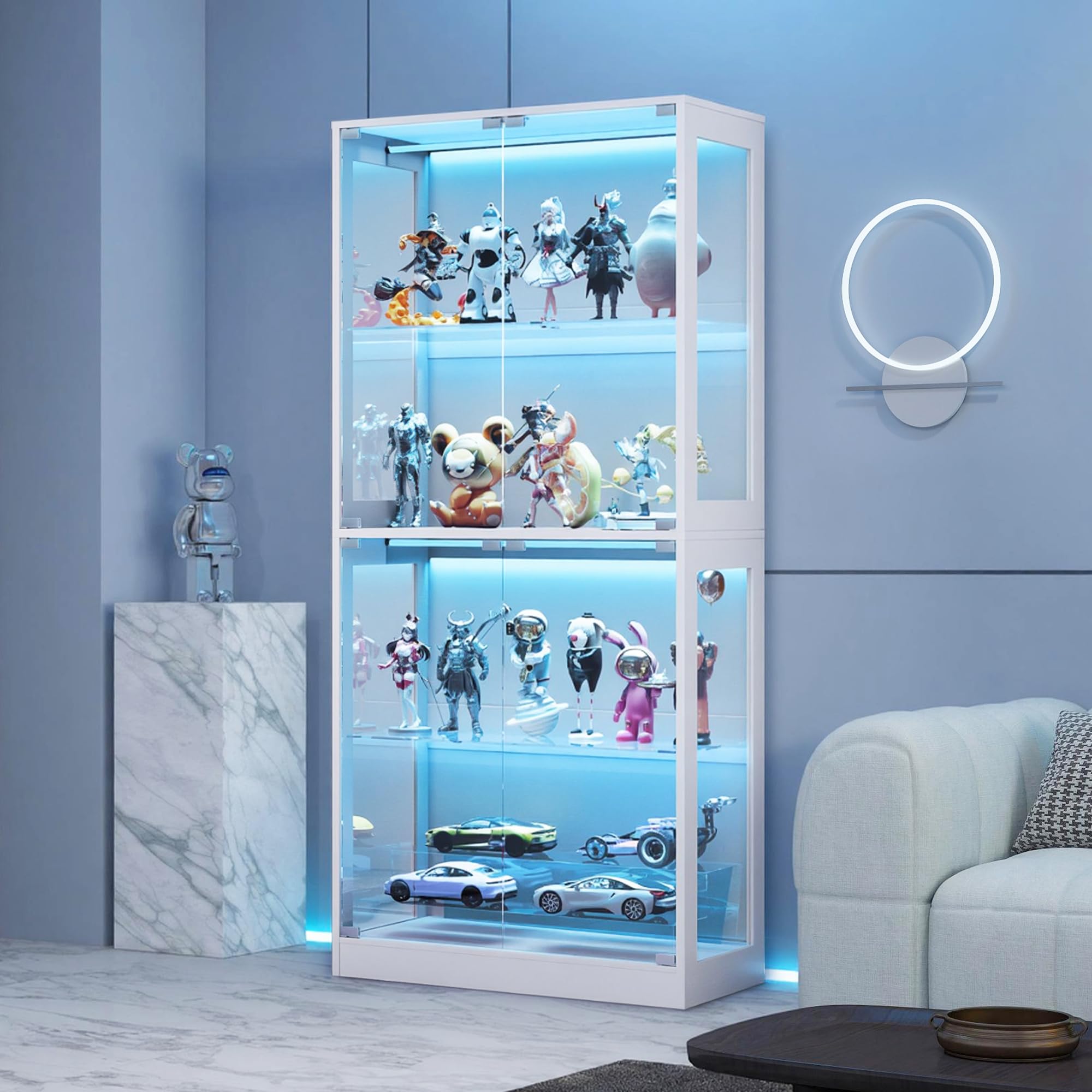 LUXOAK Glass Display Cabinets, 70" Extra Tall Display Case with 7 Color Lights and APP Control, Adjustable Shelves for Figures, Models & Collectibles, Easy Assembly, White