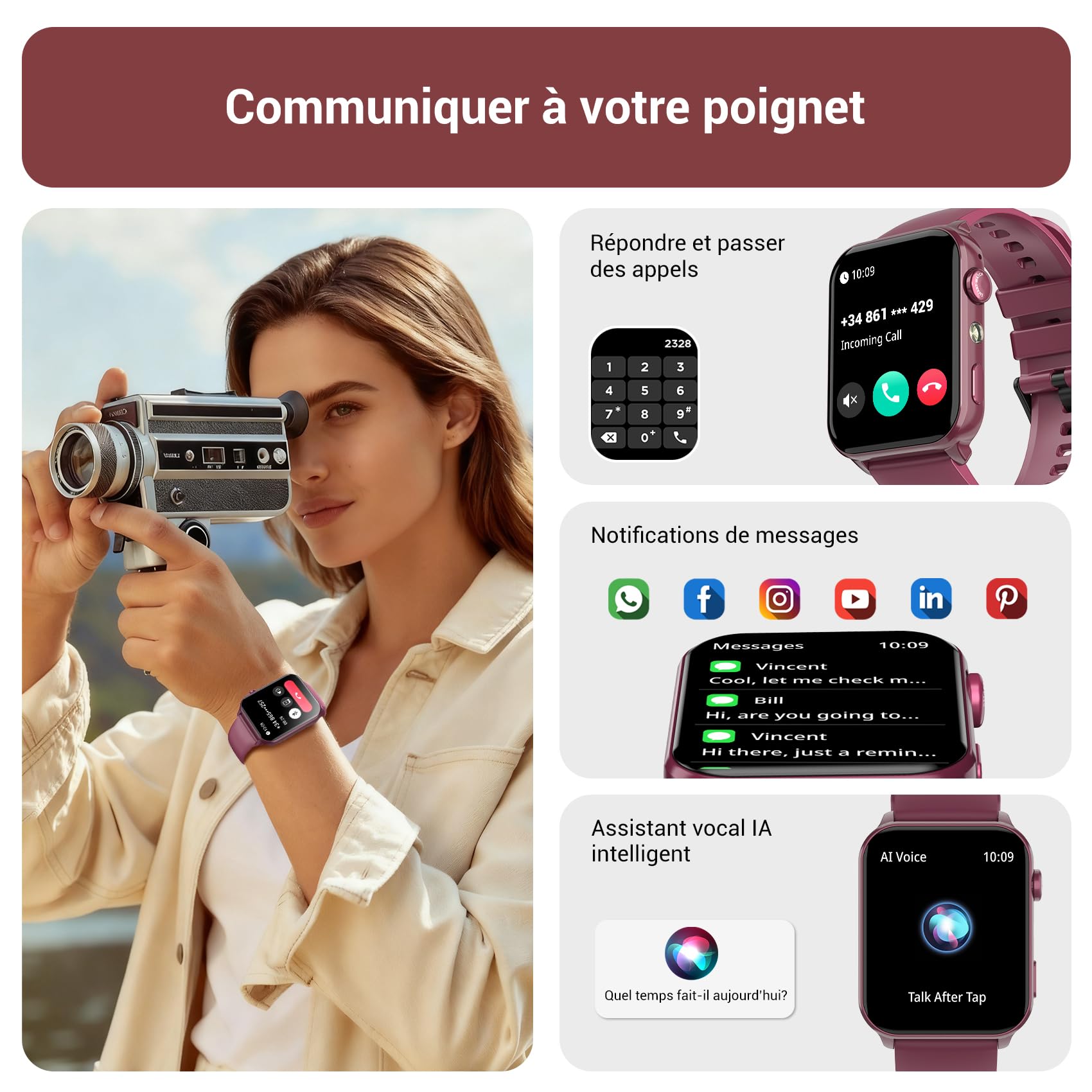 IOWODO Montre Connectée Femme, Appel Bluetooth, Écran 1.85" à LCD, Notifications Réseaux Sociaux, Cardiofréquence/Oxymètre/Analyse Sommeil, 100+ Modes Sports, pour Android& iOS(Violete)