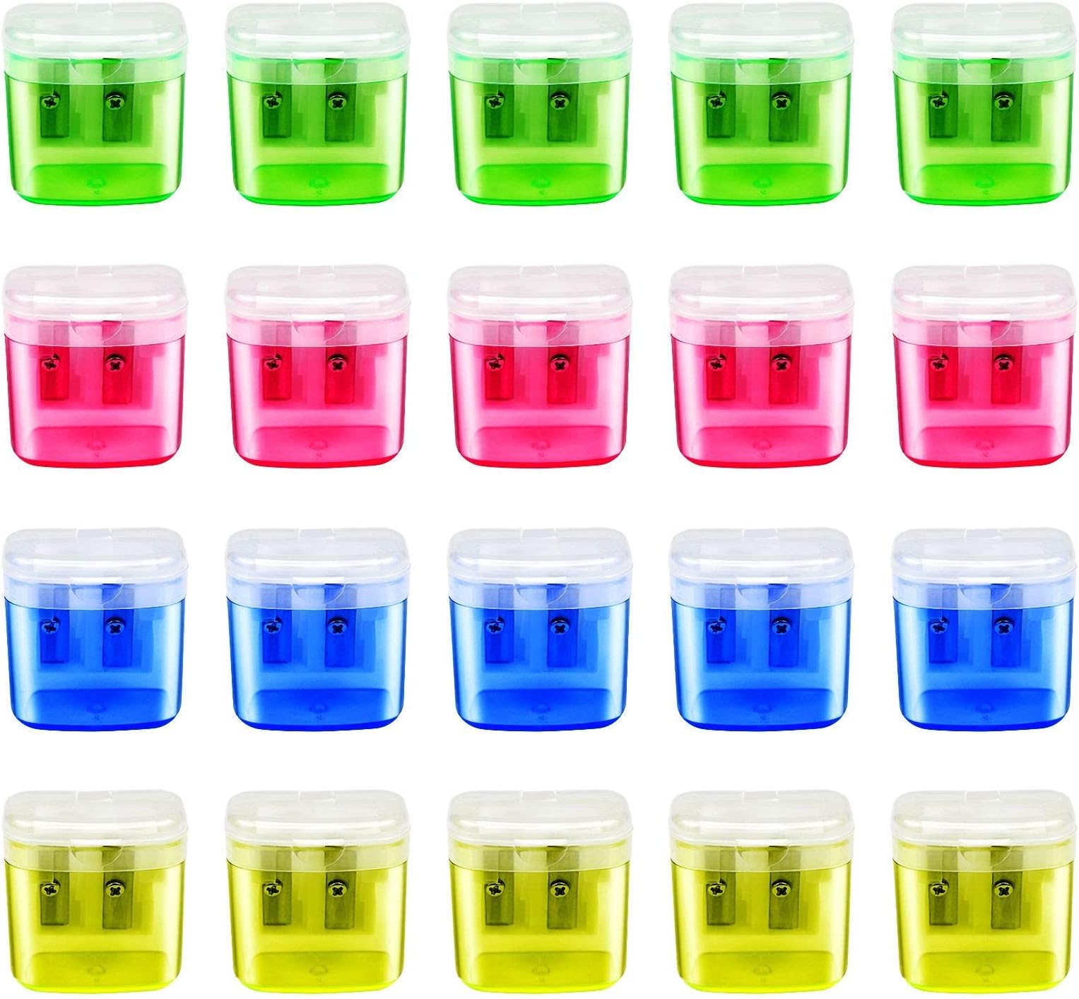 MENOLY 20 Pack Pencil Sharpeners Manual, Double Hole Colored Pencil Sharpener with Lid, Handheld Pencil Sharpeners for School Office Home