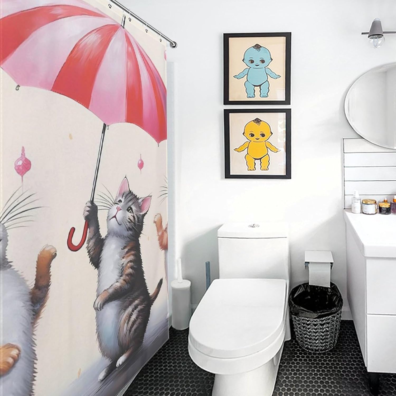 Cute Cats Dancing with Umbrella Funny Shower Curtains Washable Bath Curtain Liner with Hooks for Bathroom Bath Tubs