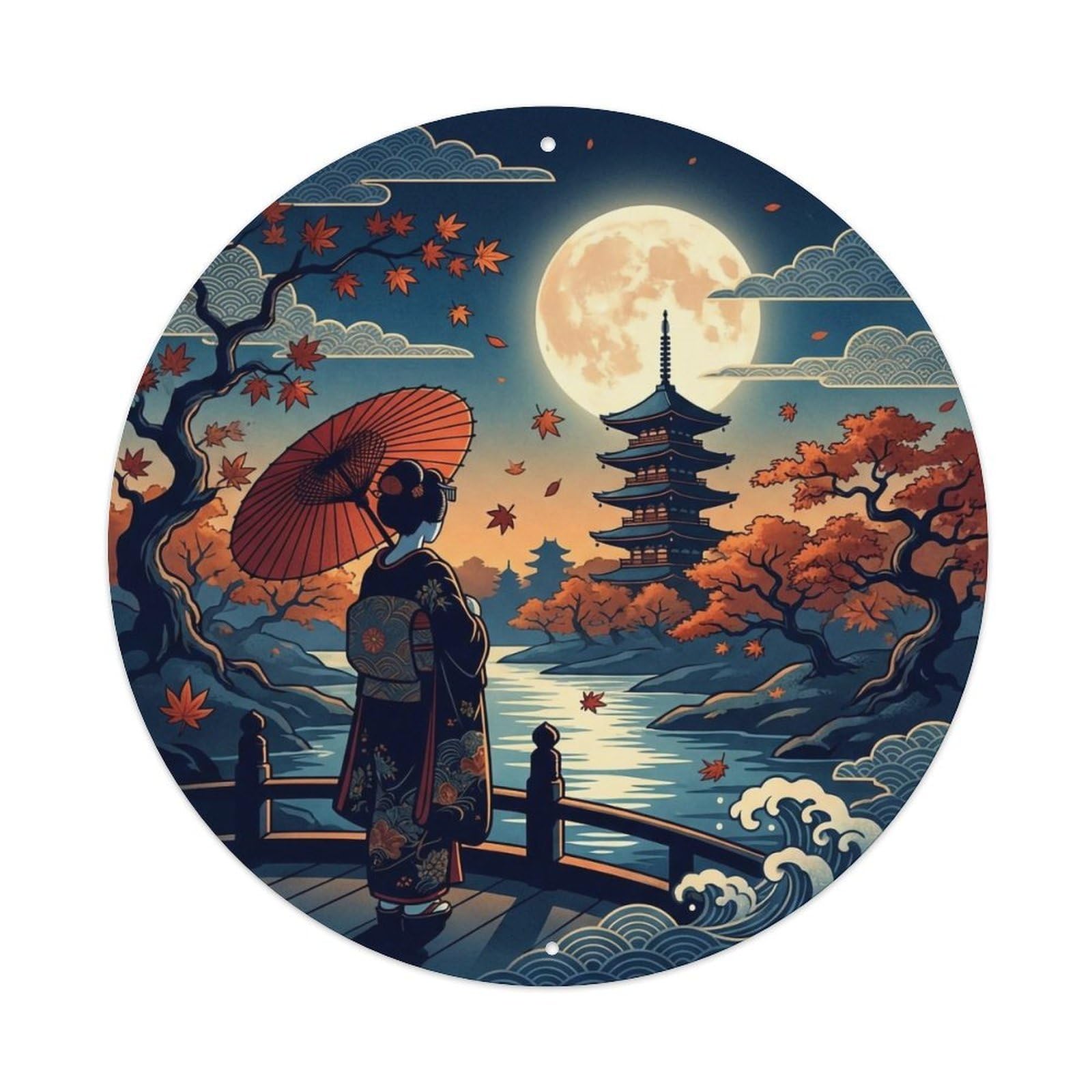 Yrnq 8X8inch Vintage Style Japanese Kimono Lady Full Moon Pagoda Night Timeless Scene Metal Tin Sign
