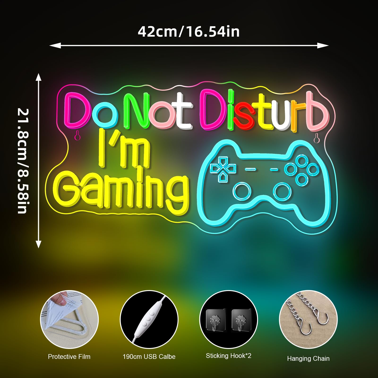 Neonowy znak "Do Not Disturb I AM Gaming", jasny, duży, kolorowy, ściemniany zestaw słuchawkowy LED, oświetlenie i słuchawki, zasilane przez USB, podświetlane znaki do gry w strefę gier, pokój