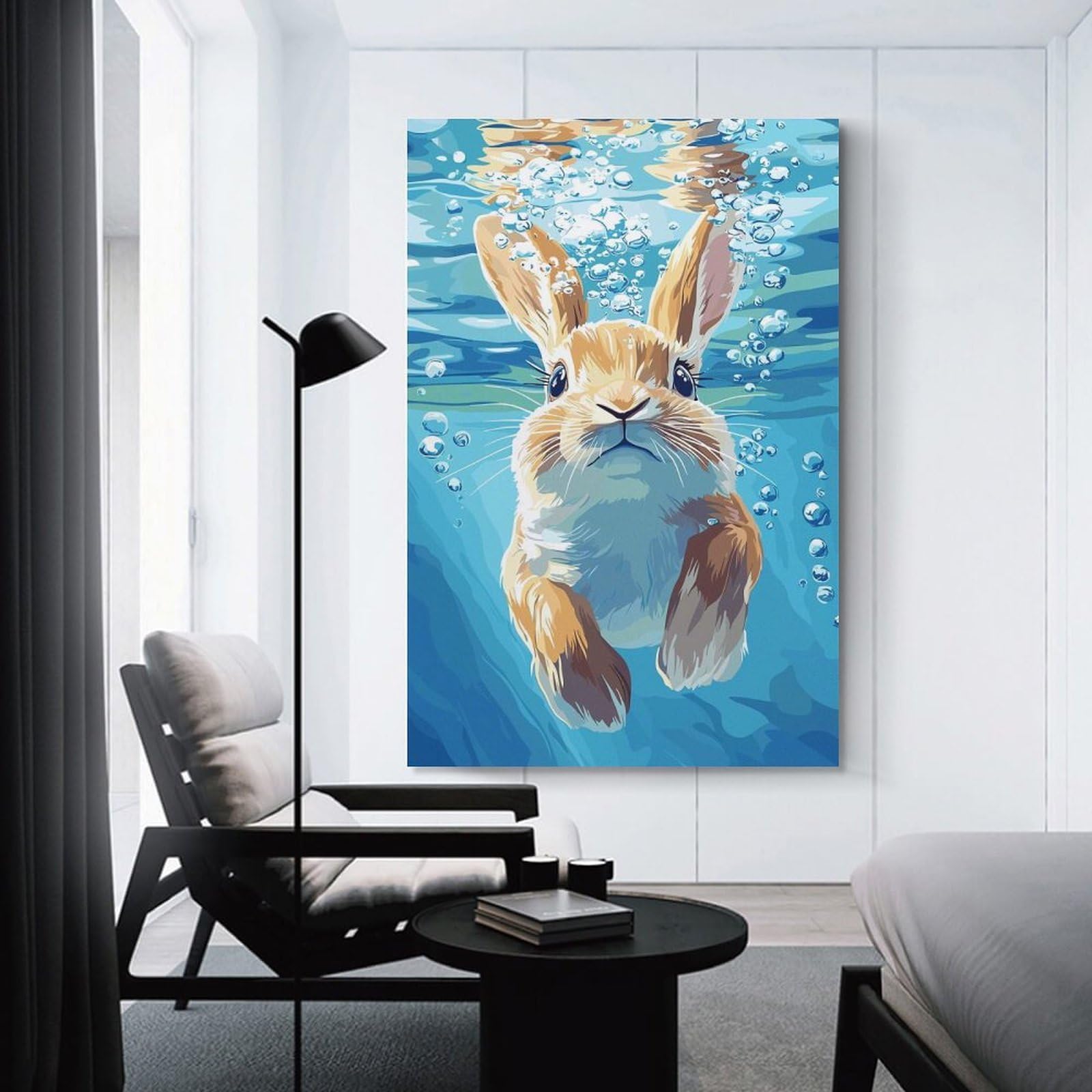 Junmoney Unframe-Style-8 Wall Picture Print Rabbit Underwater With Bubbles Illustration, 24X36inch(60X90cm), For Entrance Walls, Hall Decor Or Foyers, Home Artwork For First Impressions