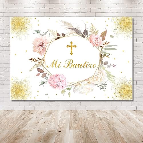 Miniatura 6 de MEHOFOND Mi Bautizo - Telón de fondo dorado para bautizo mexicano, para primera comunión, decoración de fiesta de primera comunión, fondo de flor
