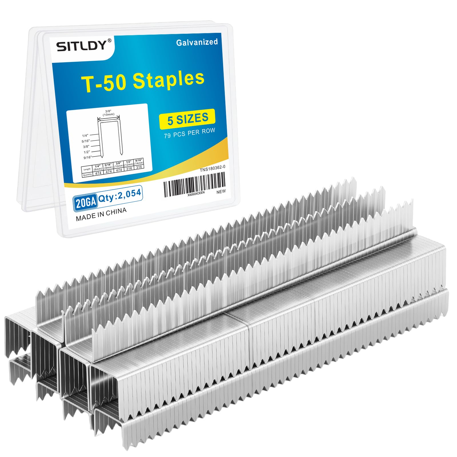SITLDY Heavy Duty T50 Staples 2054-Count 5 Sizes Includes:1/4",5/16",3/8",1/2",9/16" Beveled Chiseled Pointed Galvanized Staples, 20 Gauge Galvanized Assorted Size Project Pack