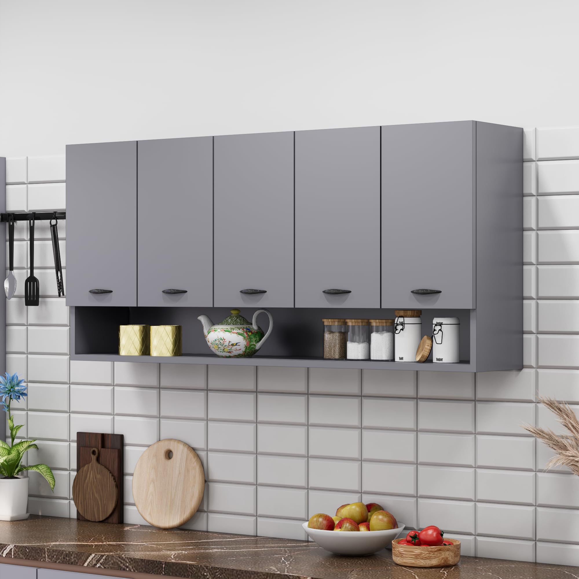 Bniture Engineered Wood Wall-Mount Kitchen Cabinet | Modular Kitchen Storage Cabinet with Shelves & 5 Doors | Space-Saving Wall Cabinet for Kitchen (Slate Grey)