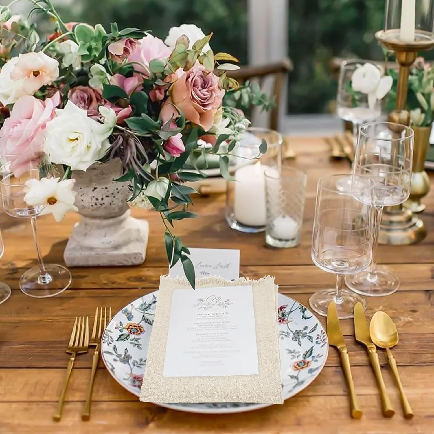 50 Pack Cotton Linen Napkins Bulk 16 x 16 Inch Cotton Linen Cloth Napkins with Fringe Rustic Handmade Napkin Cloth Washable Dinner Napkin Cloth for Wedding Party Bridal Shower