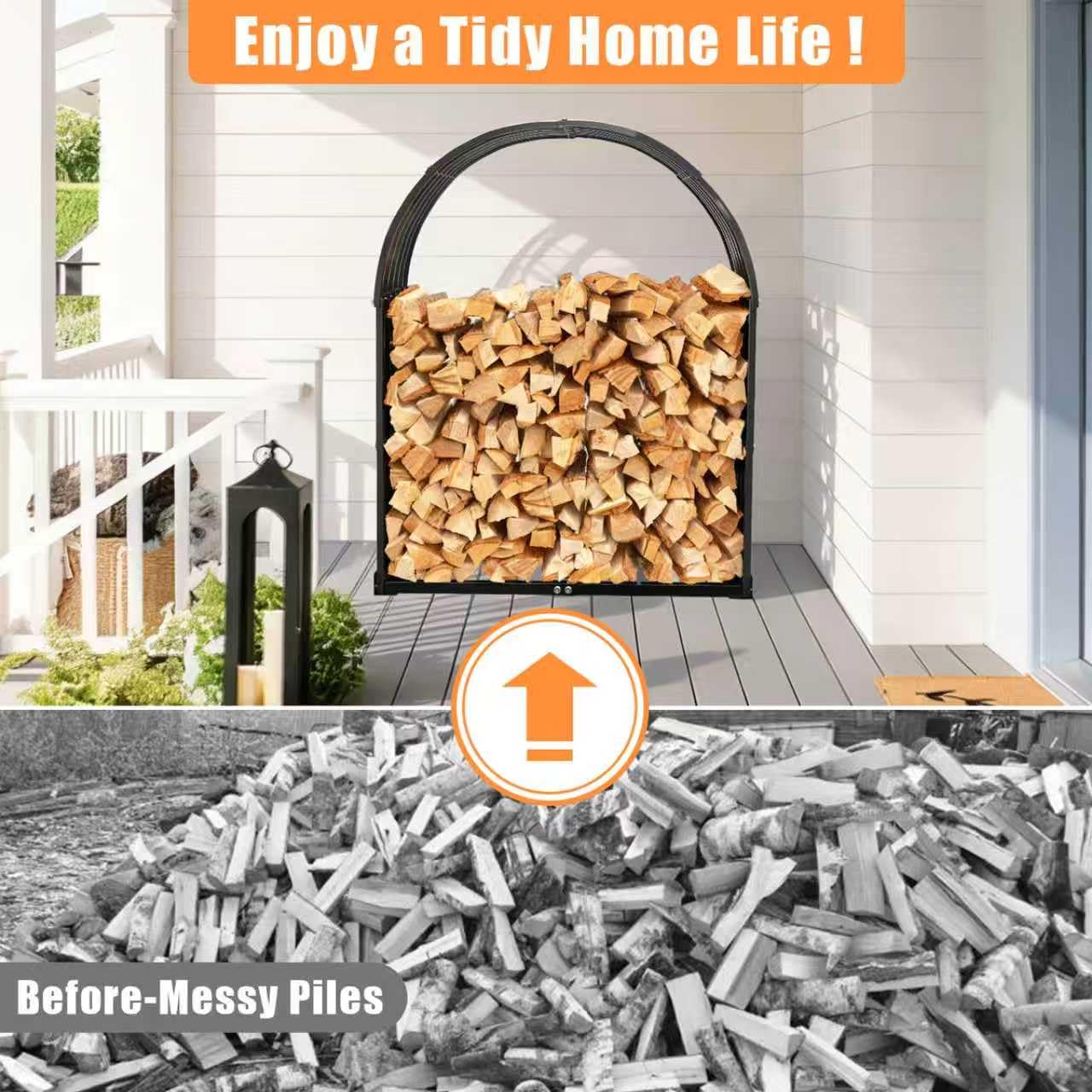 Portalegna da ardere resistente con copertura ad arco, capacità 317,5 kg, porta legna in acciaio zincato impermeabile, per camino interno o patio esterno, elegante organizer per legna da ardere
