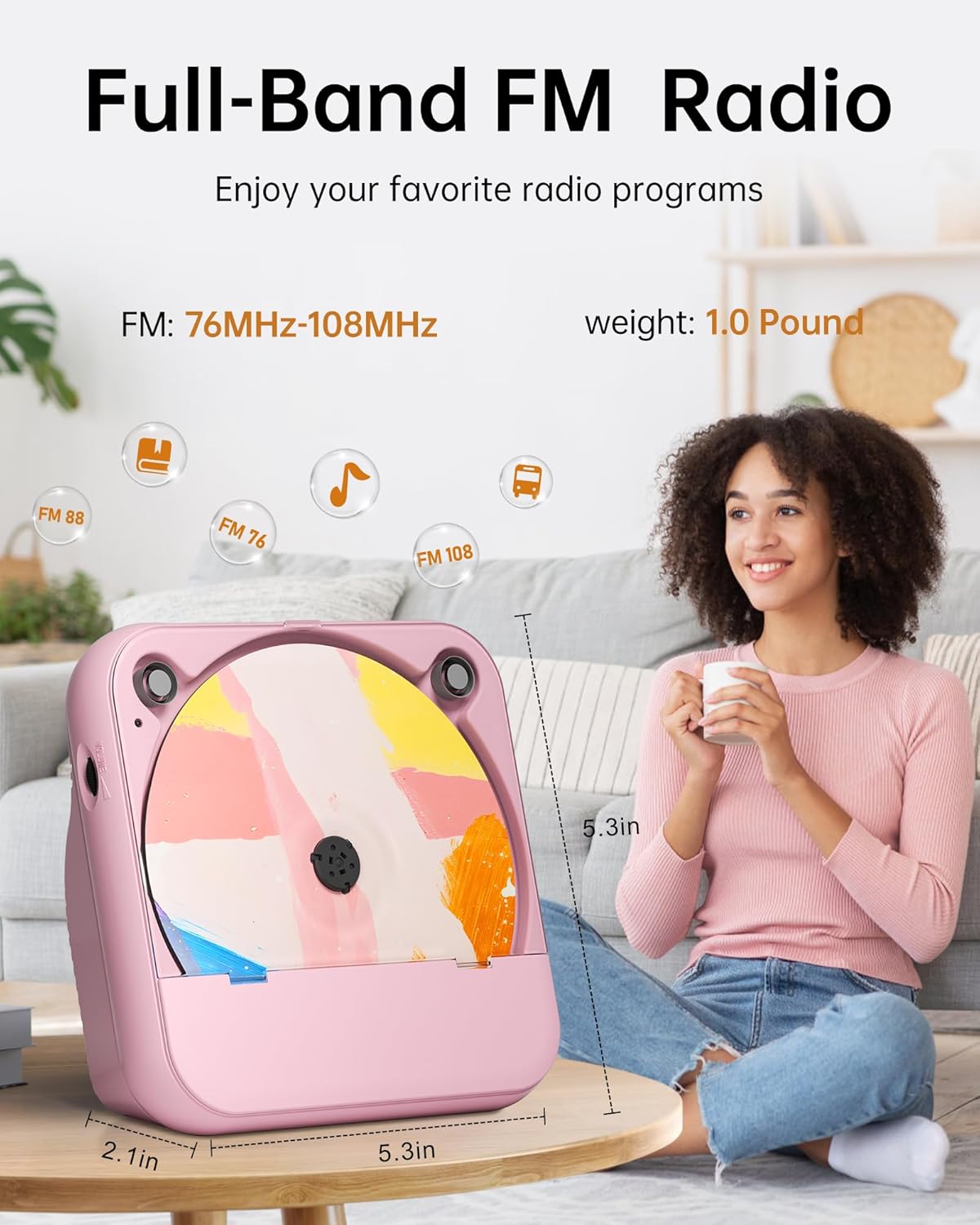 Portable CD Player with Bluetooth, Rechargeable Wireless Mini Desktop for Home with HiFi Speaker, Cute CD Player Remote Control, LCD Display, Supports CD/FM Radio/USB/AUX/Timer/Repeat, Pink