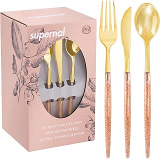 Supernal 102Pcs Pink Gold Plastic Cutlery Set Heavy Duty Utensils for Party | Elegant Pink Glitter Flatware Set with Disposable Gold Silverware, Premium BPA-Free Utensils for Weddings and Bridal Showers