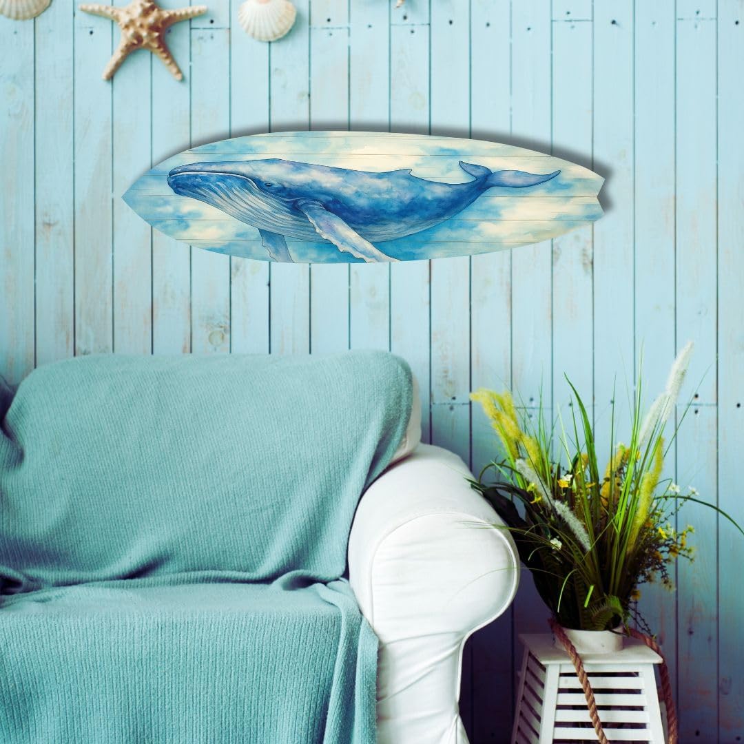 JennyGems Humpback Whale Surfboard Wall Art – Coastal Nautical Decor, Beach House Sign, Watercolor Whale Art, Indoor Outdoor PVC Surfboard Decoration (5 Foot)