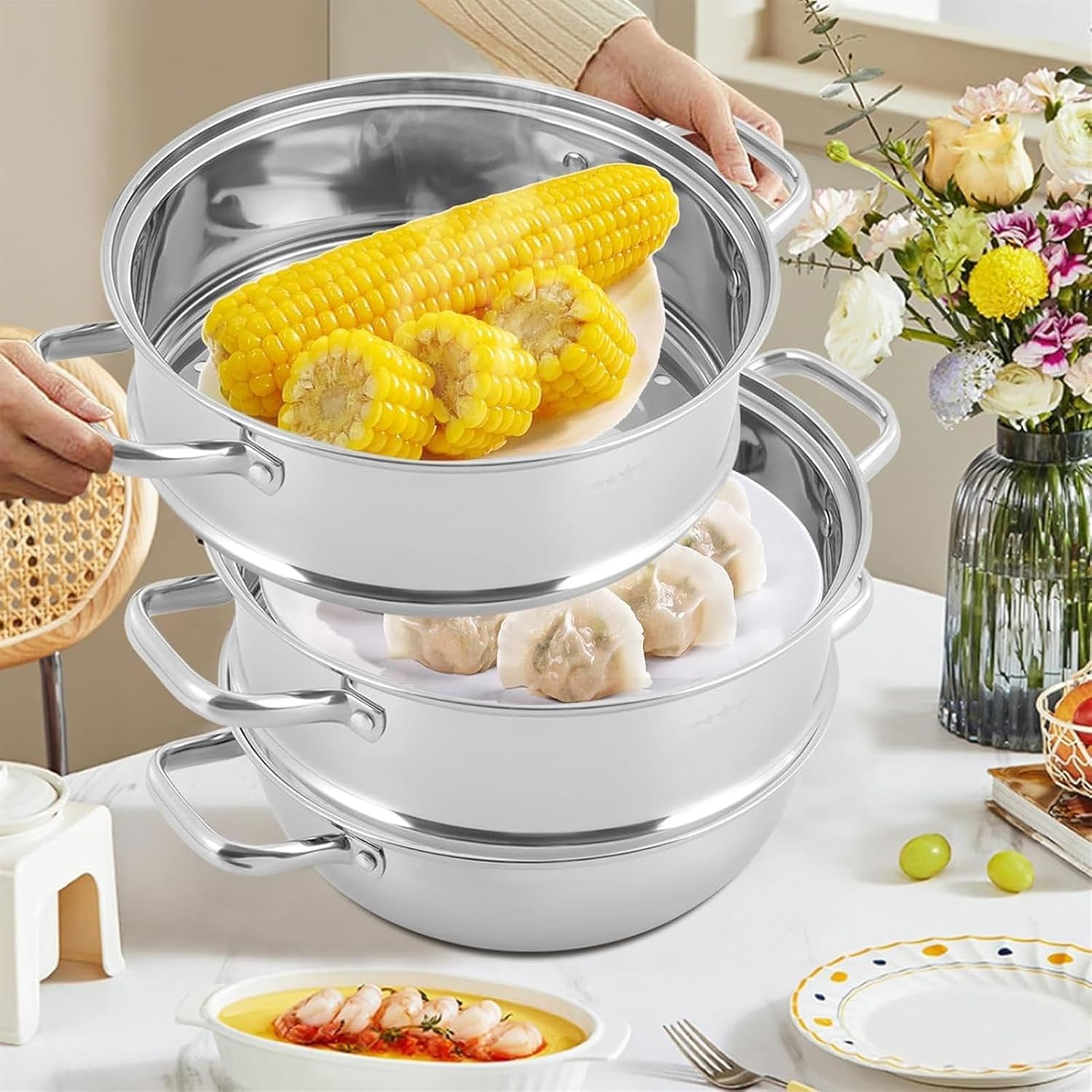 Vaporera de acero inoxidable de 5 niveles con tapa de vidrio, diseño apilable para cocinar versátil en la estufa