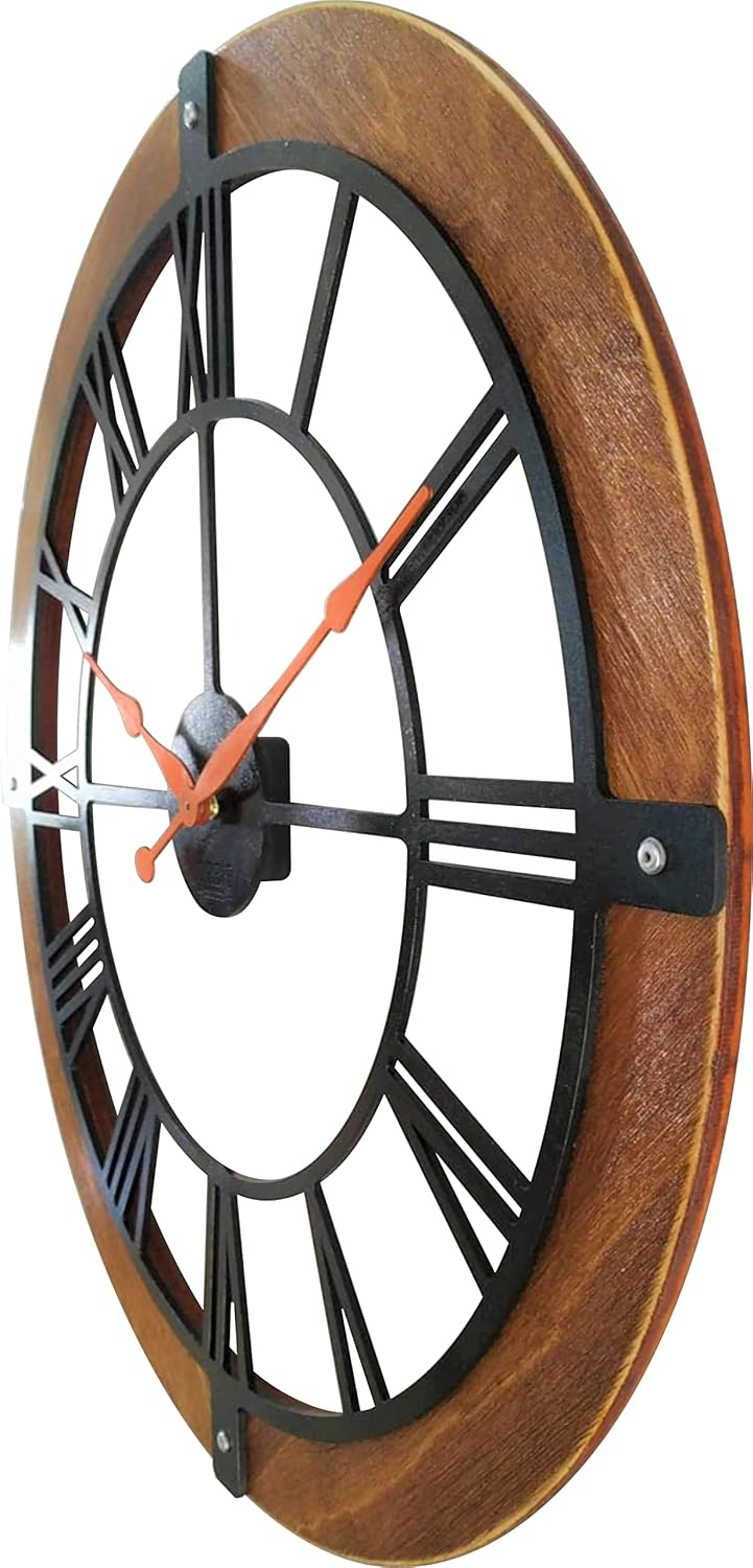 24 inch Large Wooden Wall Clock, Contemporary Black Roman Numbers, Orange Needles Brown Wood Frame