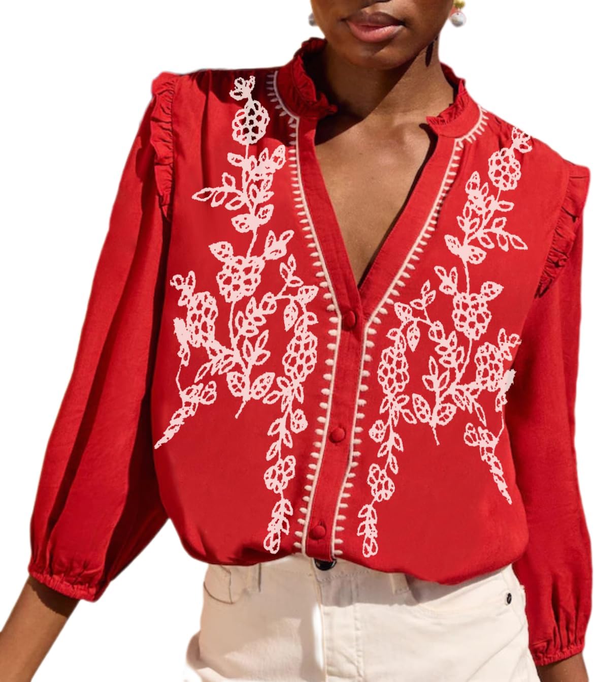 Melliflo Embroidered Tops for Women 3/4 Sleeve Peasant Blouse V Neck Button Down Shirts Dressy Casual