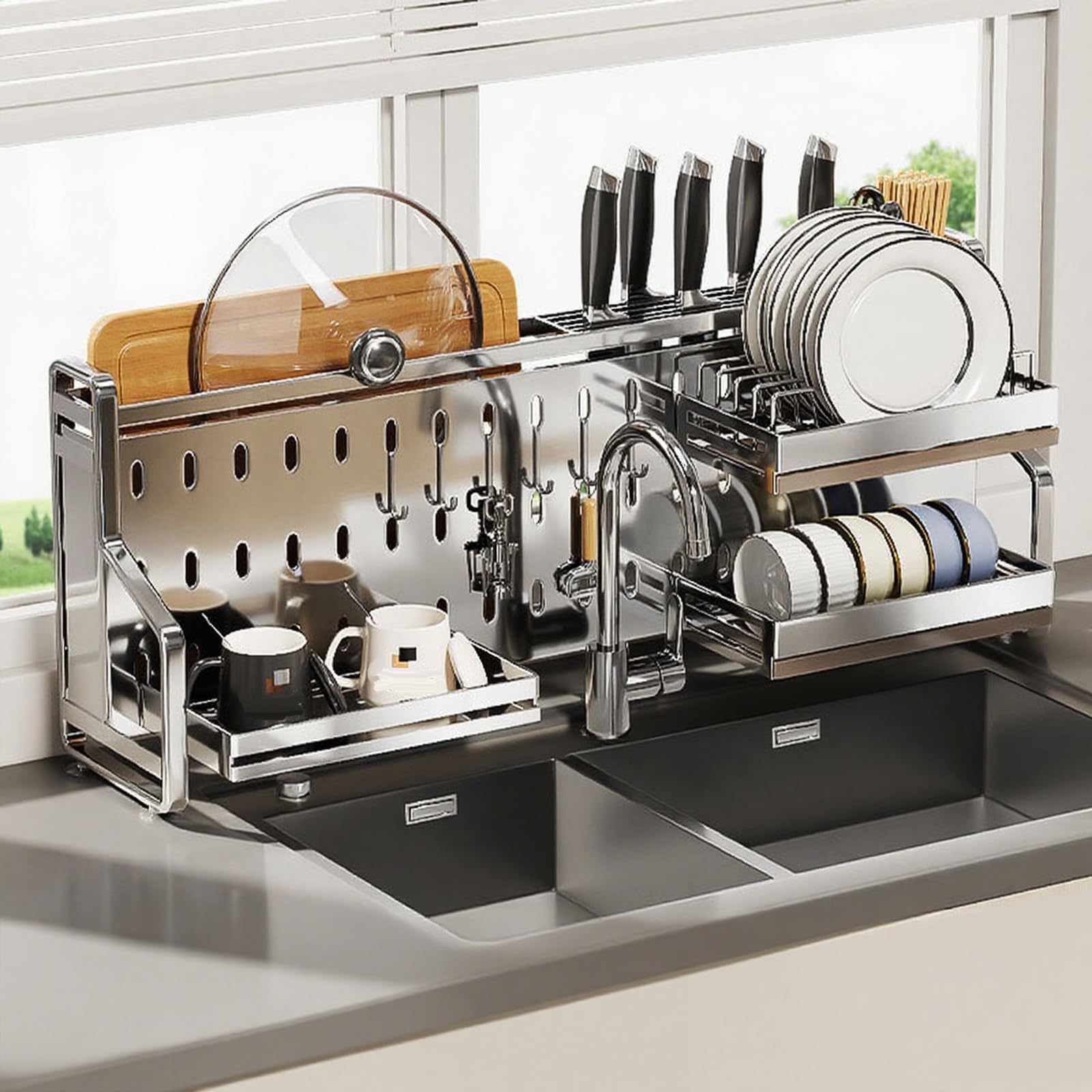 Escurridor de platos de acero inoxidable 304 modelo B de 77 cm, duradero y elegante, resistente al óxido, diseño de ahorro de espacio