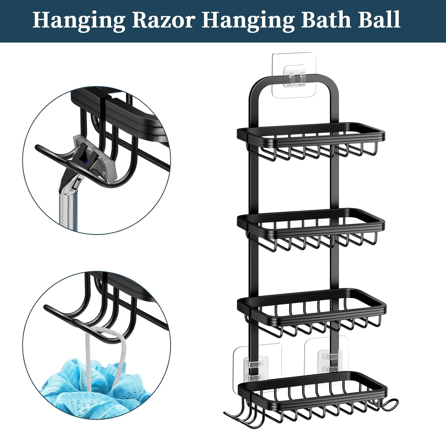 4 Tier Soap Bar Holder for Shower, Aluminum Wall Mounted Rustproof Soap Holder with 4 Hooks and Razor Holder, Shower Rack Soap Tray Bar Soap for Bathroom Accessories Organizer Black