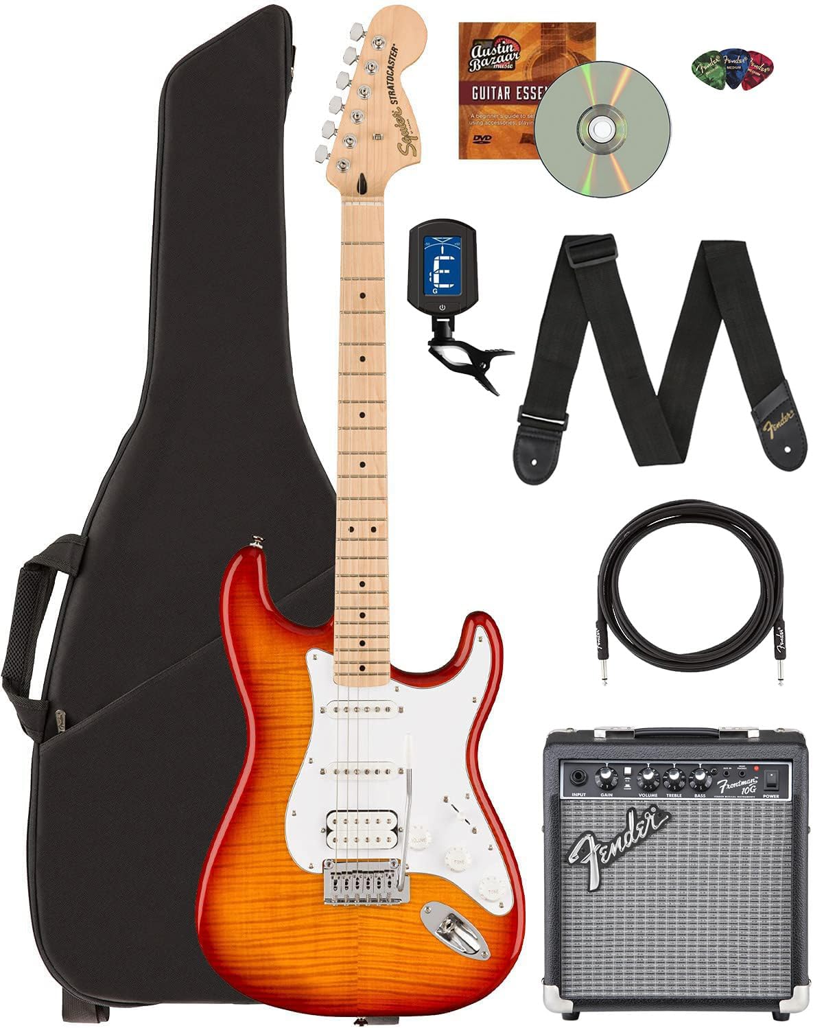 Fender Squier Affinity Stratocaster FMT HSS - Sienna Sunburst Bundle with Frontman 10G Amplifier, Gig Bag, Tuner, Instrument Cable, Strap, Picks, and Austin Bazaar Instructional DVD