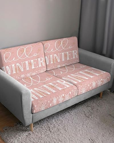 Miniatura 3 de Pink Hello Winter Couch Cushion Covers, Stretch Sofa Cover with Elastic Bottom, Xmas Winter Snowflake Yellow Pink Sofa Slipcovers Protector Washable