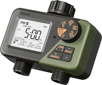 Diivoo Water Timer 2 Zone، Programmable Water Hose Timer 2 Outlet for Garden، Outdoor Automatic Irrigation System IPX5 Waterproof with Rain Delay / Manual for Yard، Pool، Lawn