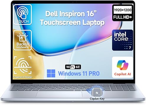 MKY ITECH 2026 Dell Inspiron 16 Touchscreen Laptop Computer, 16" FHD+ Touch Screen Business Laptop PC, Intel 10-Core 7 Baet i7-1355U, 32GB DDR5 1TB SSD, Windows 11 Pro, Backlit 10-Key, Wi-Fi 6E
