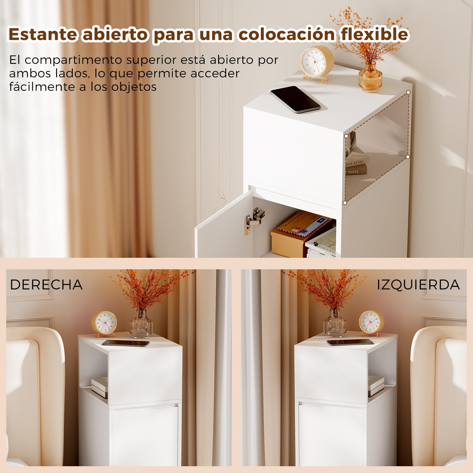 BEWISHOME Mesita de Noche Estrecha Juego de 2 con Compartimento y 1 Puerta | Mesa Auxiliar con Estante 3 Niveles Altura Ajustable,65 x 25 x 30 cm,Dormitorio y Salón,Blanco,EFCG13W