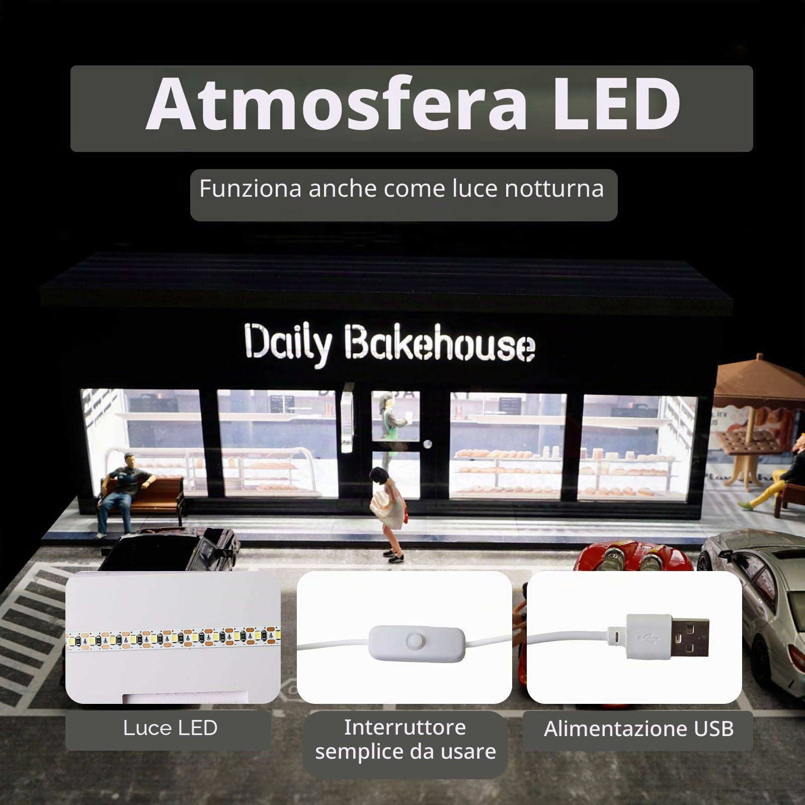 Diorama 1/64 Parcheggio, Garage Per Auto Giocattolo con Illuminazione LED, per 1/64 Scala Diecast Modello Auto, Scena Display, 5 Posti Auto All'aperto (Daily Bakehouse)