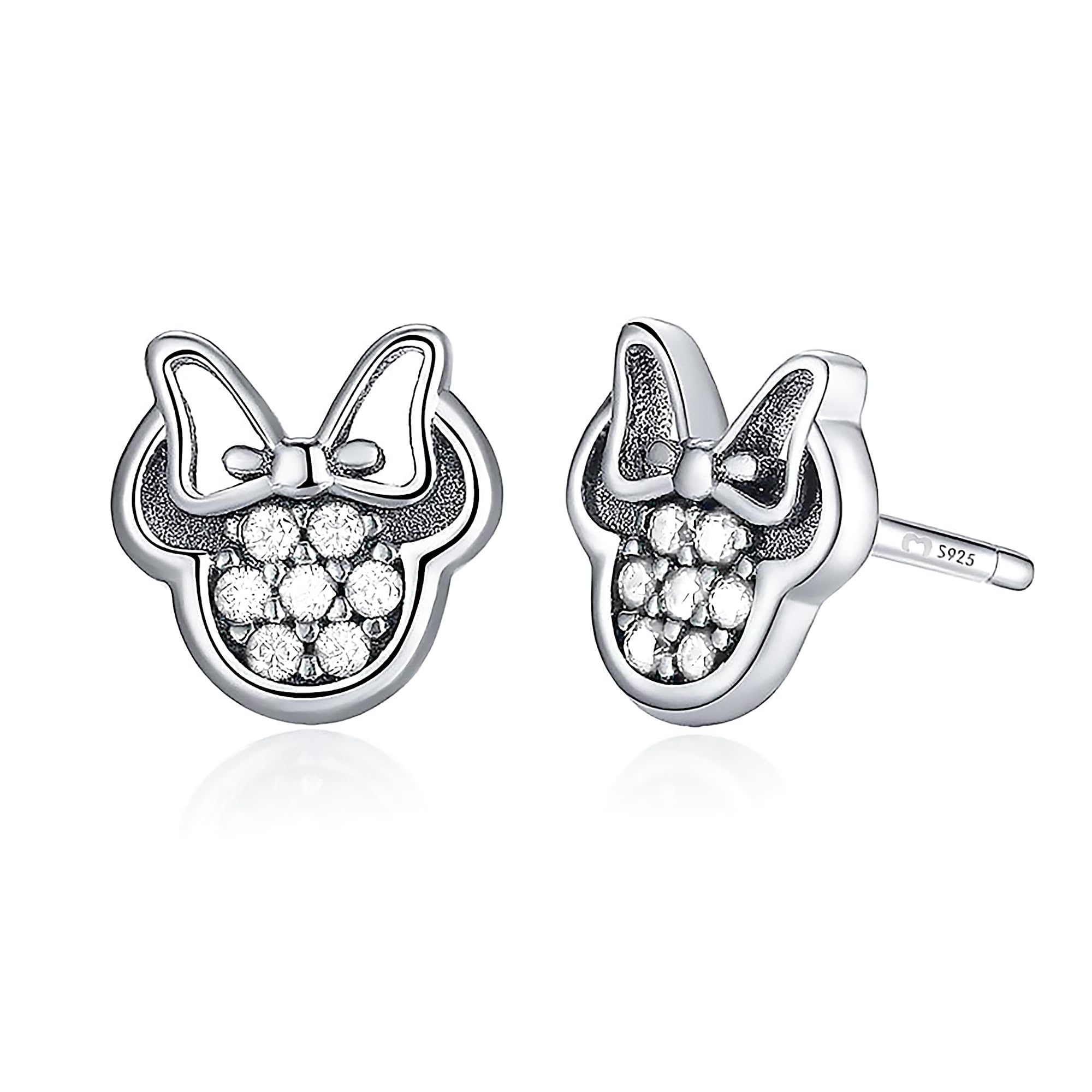 MARLION JEWELS Pendientes de Plata de Primera Ley (S925) Figura de Minnie Decorada con Circonitas Brillantes. Pendientes acabados en Plata o Baño Oro 18K. Perfecto Regalo Cumpleaños. Joyería para mujer.