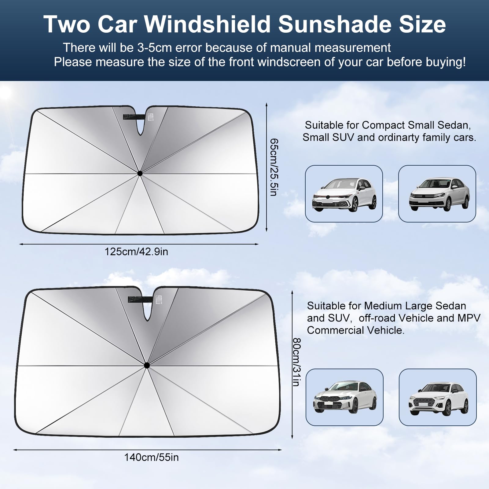 Pare-soleil Pour Pare-brise Avant Voiture - 140x80 Cm, Rotatif 360°, Poignée Antidérapante - Pour SUV, Berline, Camion - 11
