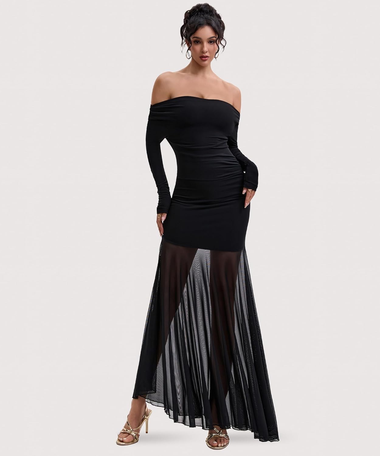 Mesh Long Sleeve Off Shoulder Bodycon Maxi Dress for Women Modal Elegant Cocktail Party Outfits Dress - Image 8