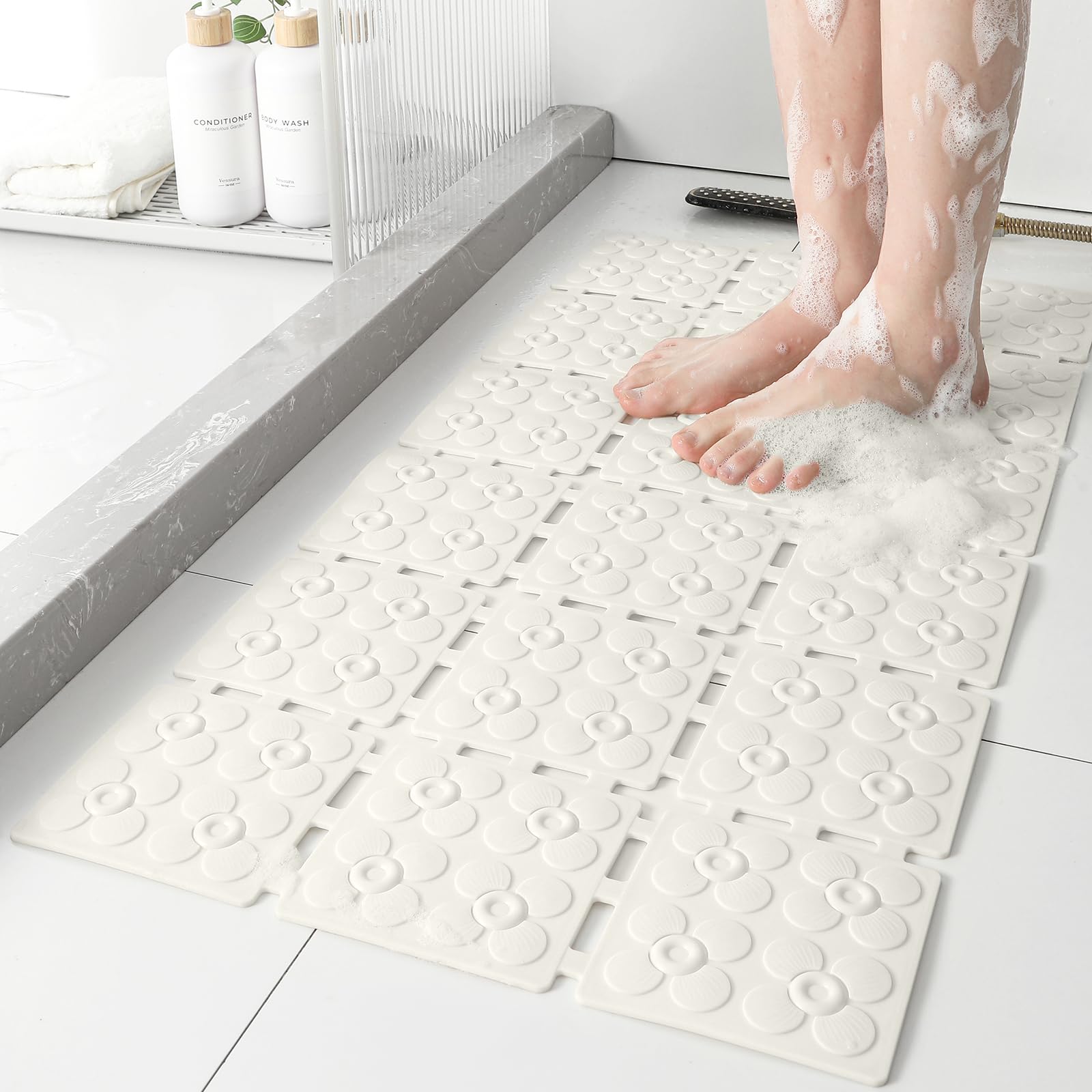 Shower Mat Non Slip Anti Mould for Elderly - 80x40cm Non Slip Shower Mats for Inside Shower, Soft Anti Slip Bath Mat with Powerful Suction Cups, Cut-to-Fit Bathtub Mat, Cream White