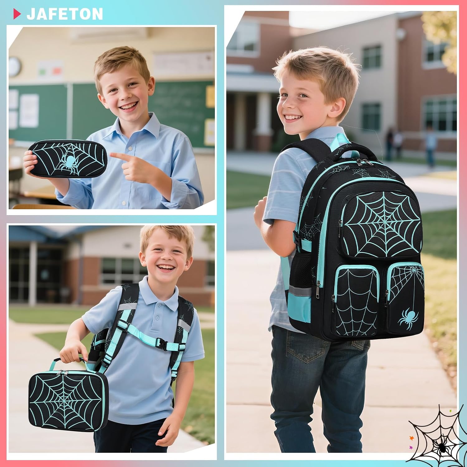 Jafeton School Backpack for Boys, 3 PCS Boy Backpack Set with Lunch Bag & Pencil Pouch, Waterproof Schoolbag for Boys Kids Children Teens, Elementary Middle School, Kids Bookbag Casual Daypack